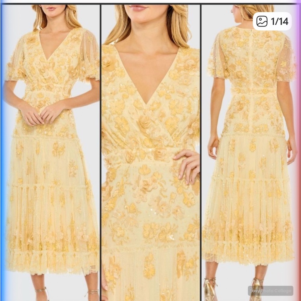 MAC DUGGAL 9207 Yellow Floral Embellished Flutter Sleeve Tiered Dress